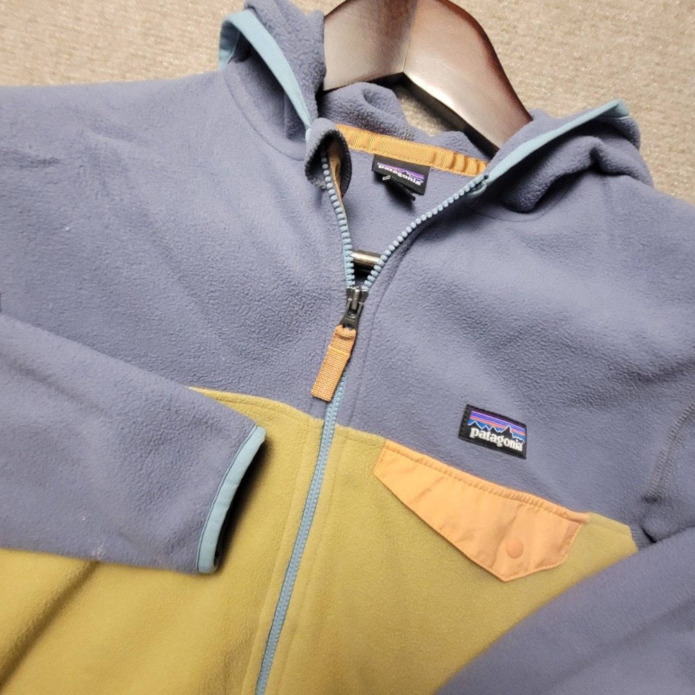 Patagonia Micro D Snap-T Fleece Hoodie Kids M 10 Blue Yellow Colorblock Zip